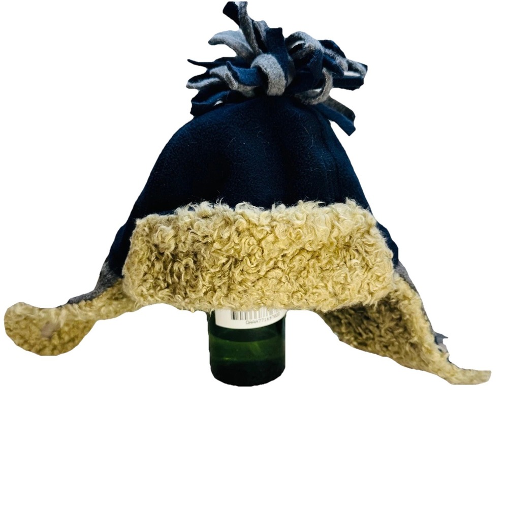 GAP Kids Trapper Hat Winter Fleece Lined Navy Blue Gray Pom Pom‎ Ear Flaps